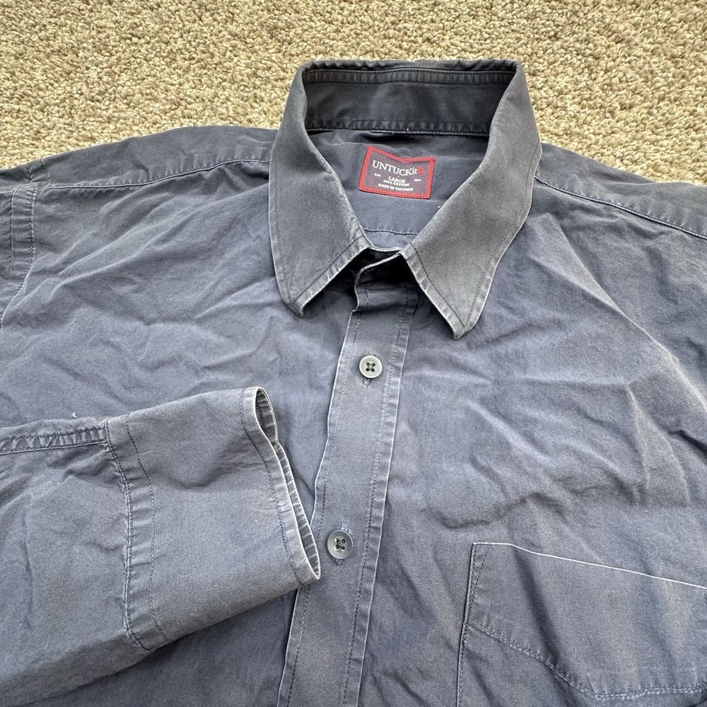 Untuckit Men's 100% Cotton Button Work Shirt Navy Blue Chambray •‎ Large